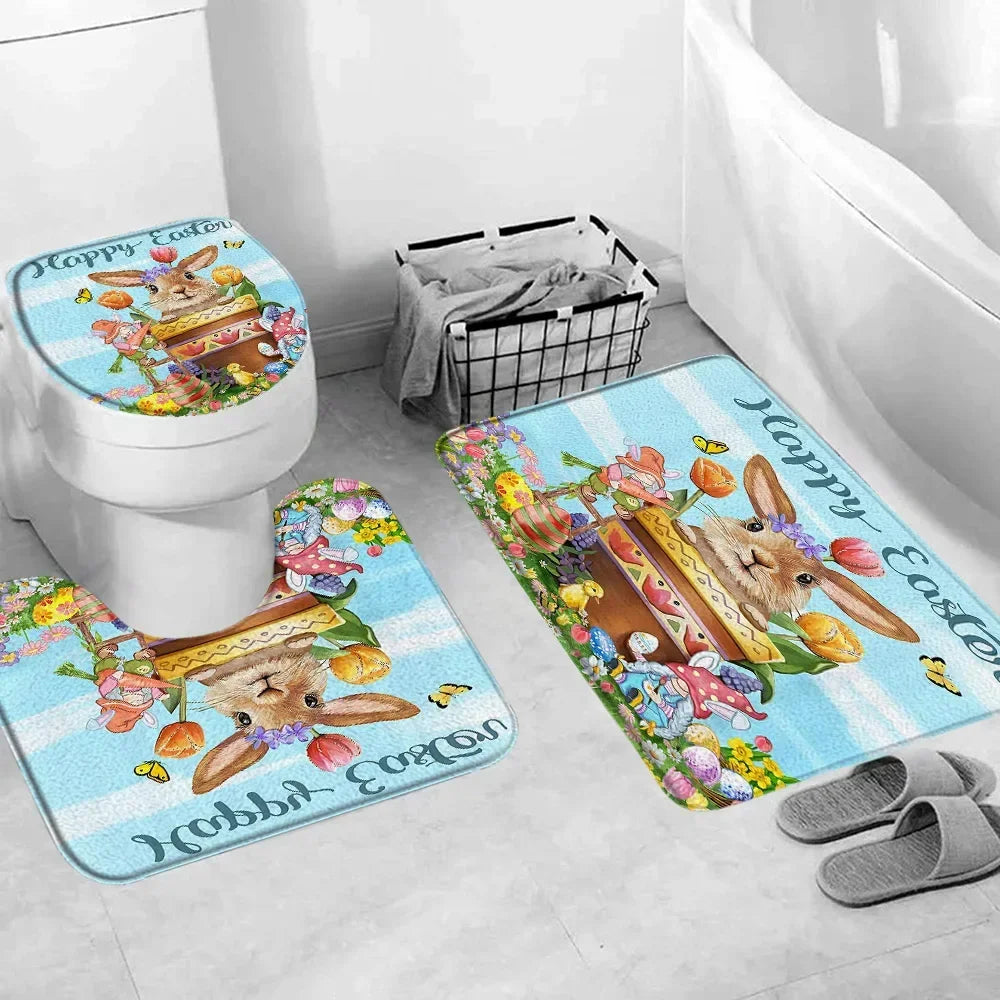 Happy Easter Bath Rug Set With Bunny Truck Eggs Decor