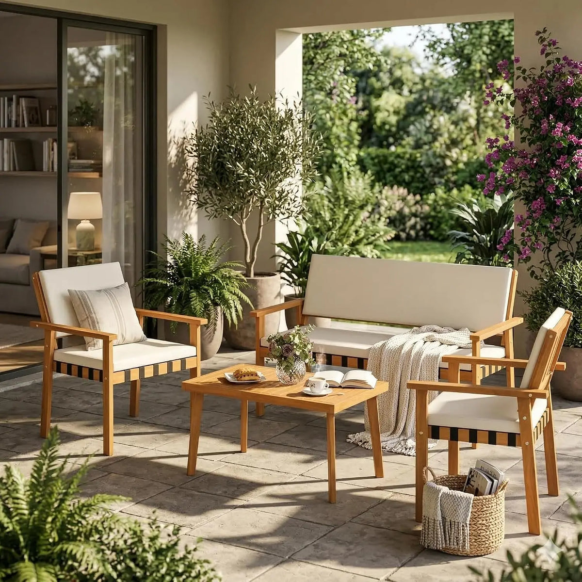 Acacia Wood Outdoor Conversation Set with Cushions and Coffee Table