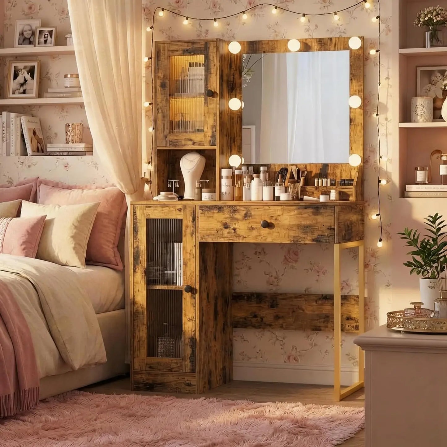 LED Vanity Mirror Desk With USB Charging And Storage Cabinet