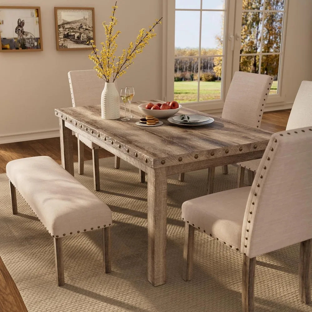 Modern Dining Set for Six with Wooden Table Upholstered Bench Four Chairs Nailhead Trim Rectangular Kitchen Room