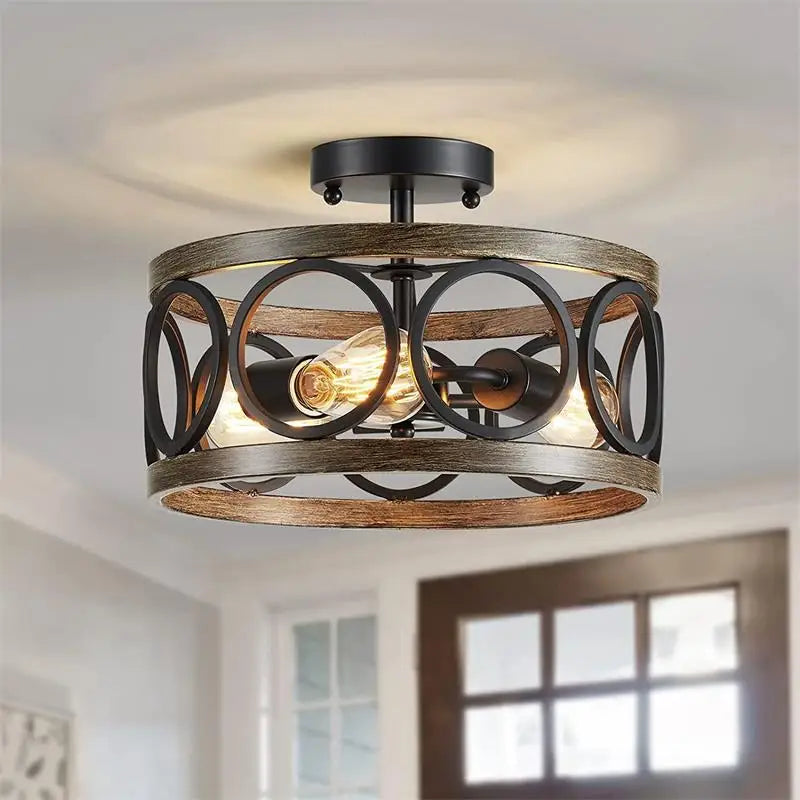 NORMICHY Industrial Circular Chandelier Farmhouse Wood Grain Ceiling Light