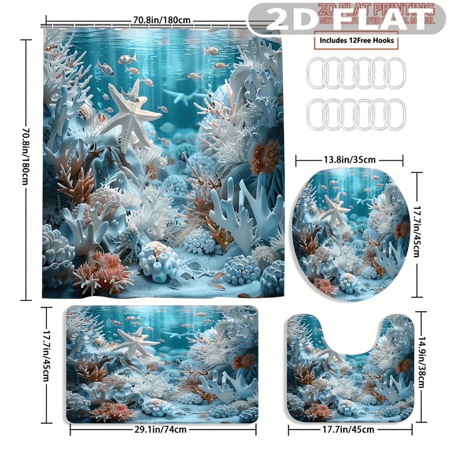 1pc/ 4pcs 2D FLAT Underwater Coral Reef Scene Pattern Shower Curtain Set, with Bath Mat, U-shaped Mat, Toilet Lid Cover