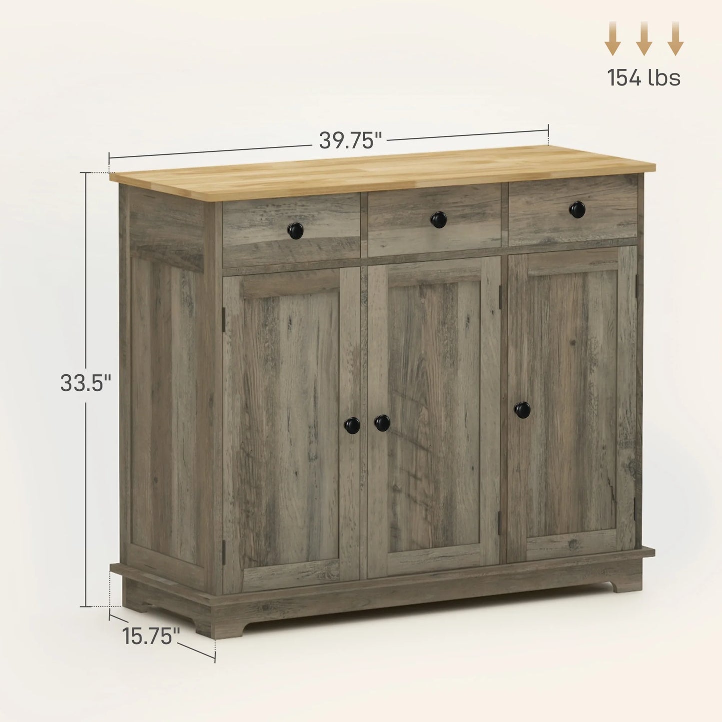 Homcom Sideboard Buffet Cabinet with Solid Wood Countertop, Modern Kitchen Storage Cabinet, Coffee Bar Cabinet with 3 Drawers, Doors and Adjustable Shelf, Distressed Gray