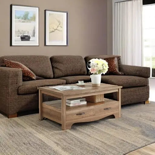 Farmhouse Coffee Table With Storage, Wood Coffee Table For Living Room, Open Display Area And Storage Drawers With Metal
