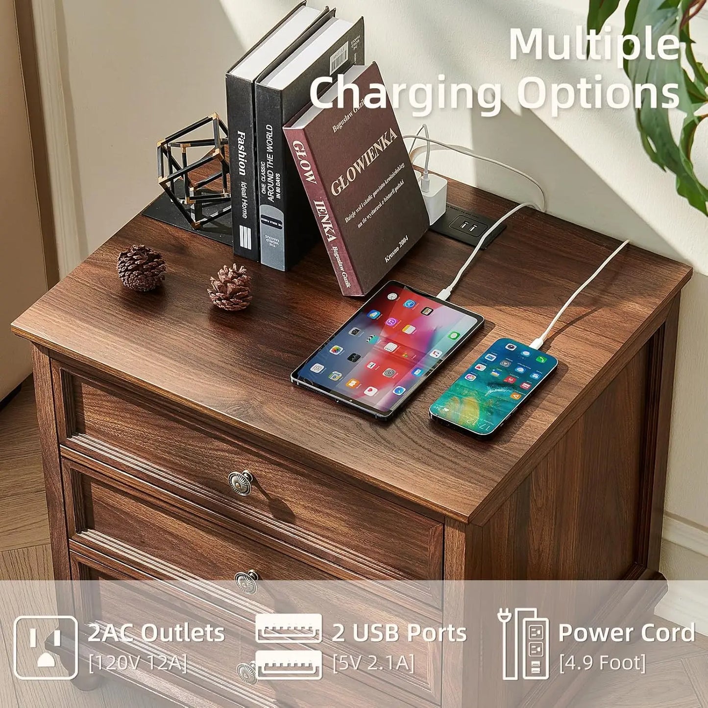 Farmhouse Nightstand With Charging Station Three Drawers Bedside Wood