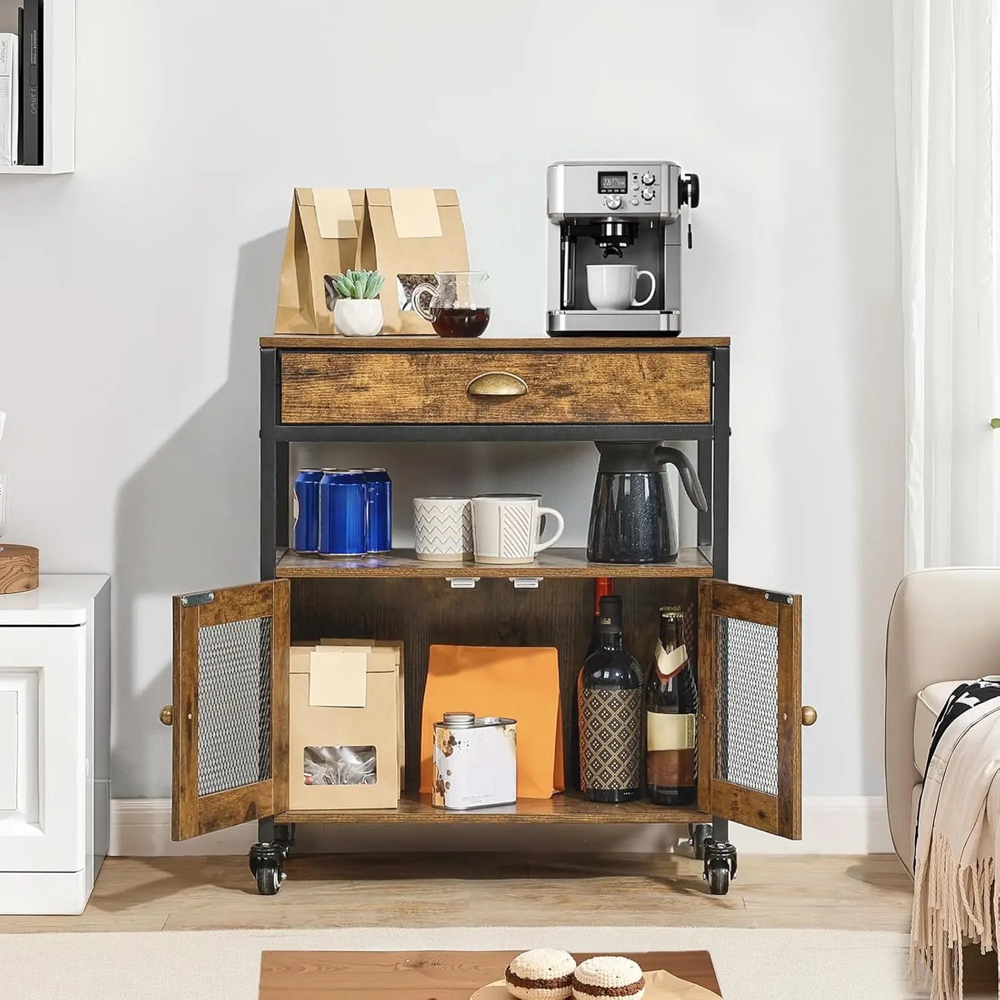 Farmhouse Coffee Bar Cabinet With Wheels And Mesh Door
