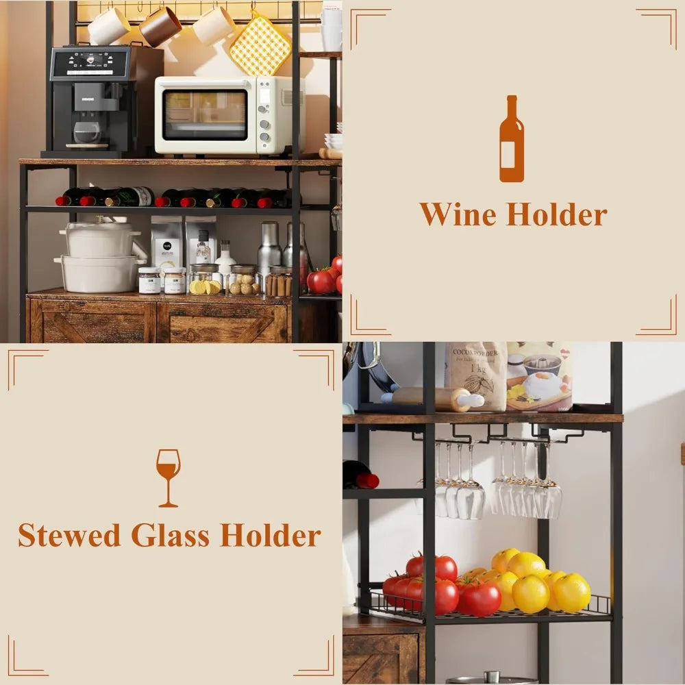 Wood Bakers Rack With Power Outlet LED Lighting Microwave Stand
