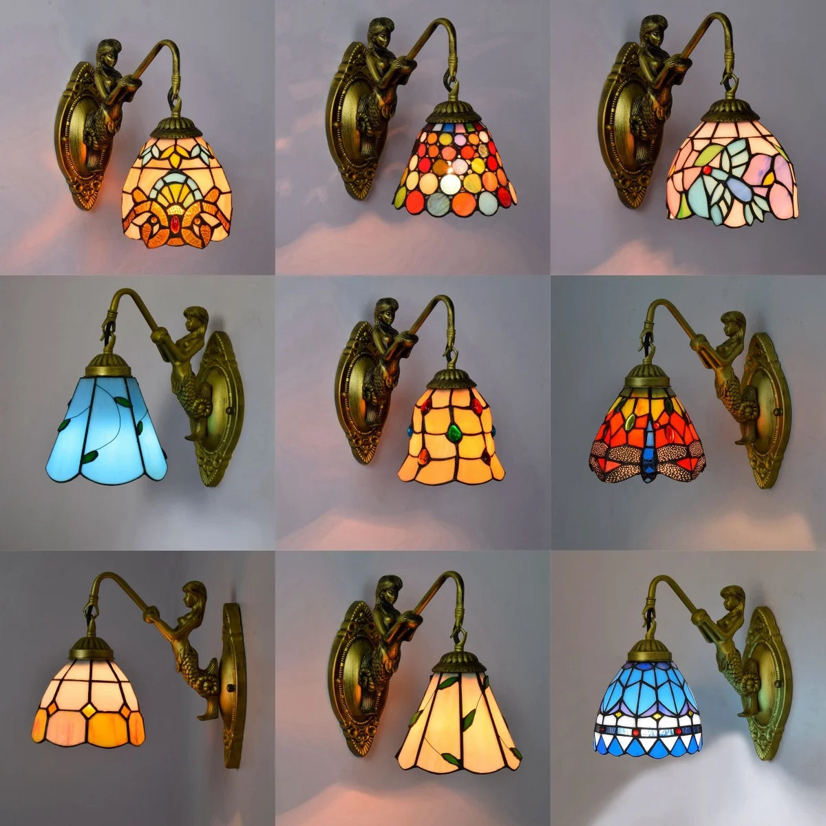 European Stained Glass Mermaid Wall Lamp Bedroom Bedside Lamp Retro Creative Dining Room Balcony Aisle Staircase Light